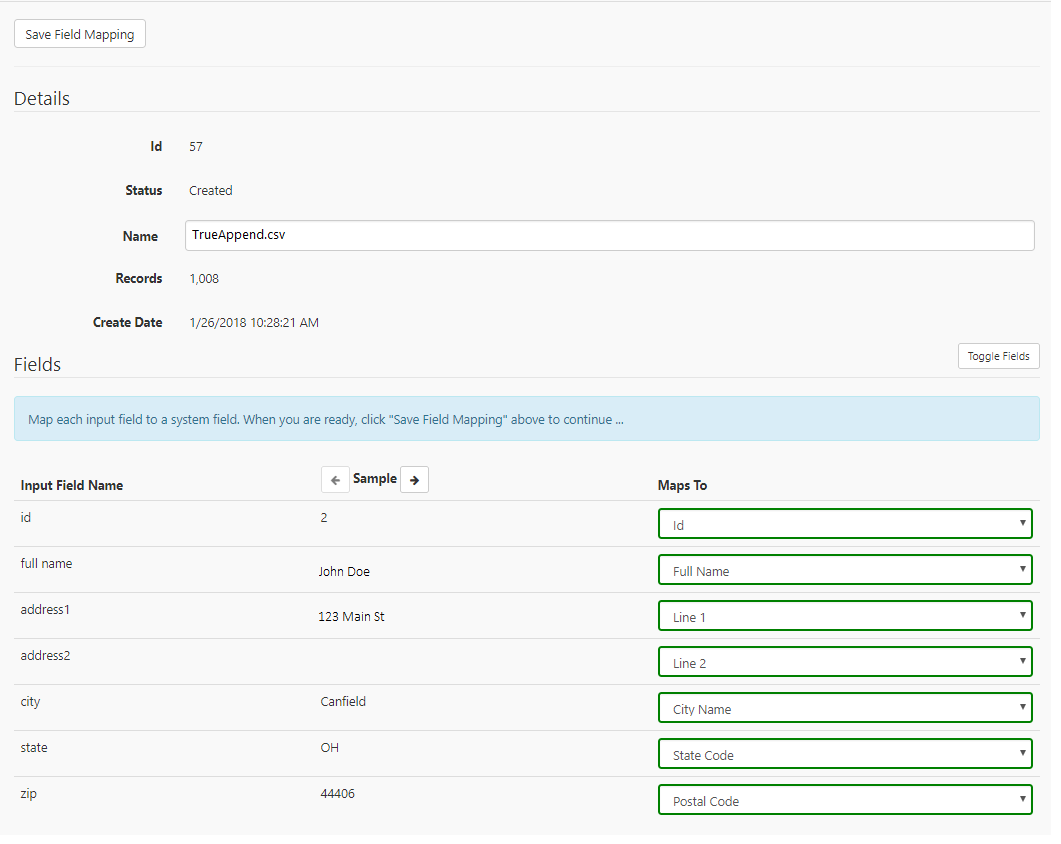 Field Mapping Page